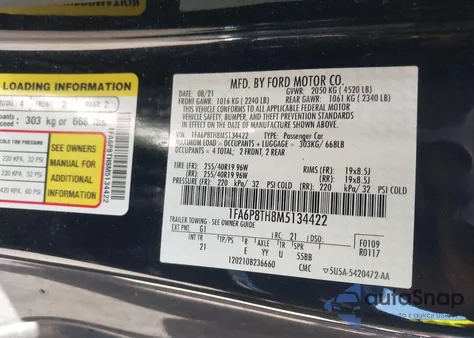 2021 Ford Mustang Ecoboost Fastback z USA, uszkodzony, nr VIN 1FA6P8TH8M5134422